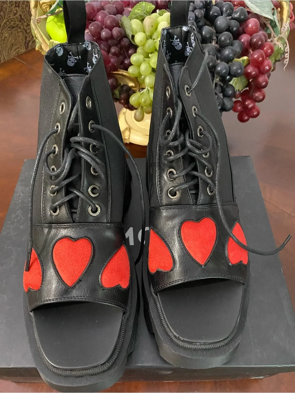 Black Platform Lace-Up Sandals with Red Heart Accents